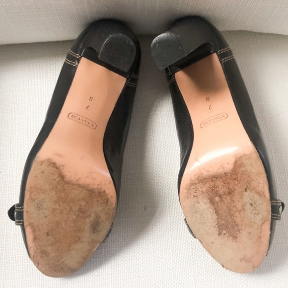 Coach Francie Peep-Toe Black Leather, Stitching, Buckle Accent Heels - Picture 6 of 6